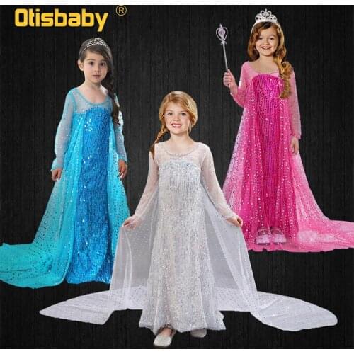 White Blue Elsa Dress for Girls Floor Length Long Tail Dresses Princess Elsa Dress Up Halloween Carnival Cosplay Costume Child