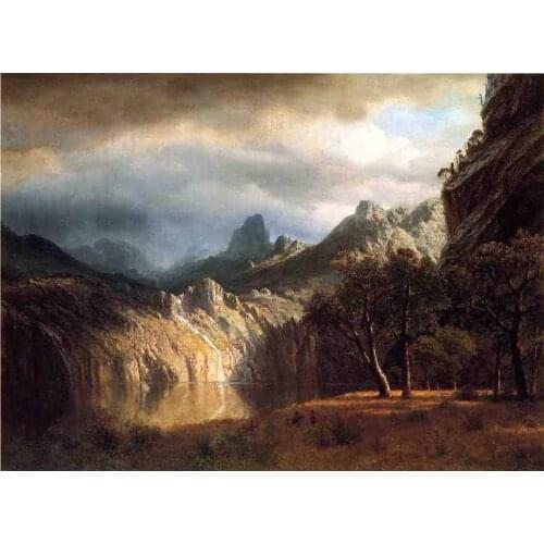 Large Landscape Oil Painting on Canvas by Albert Bierstadt In Western Mountains & Stream Before Storm Wall Art Painting