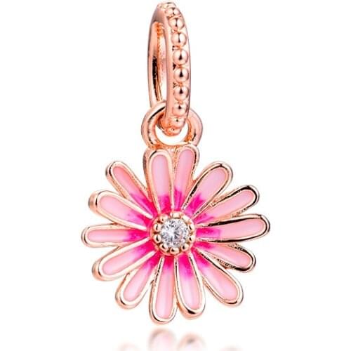 Beads For Jewelry Making Pink Daisy Flower Dangle Charm Sterling Silver Jewelry Fashion Charms Fits Original Silver Bracelets