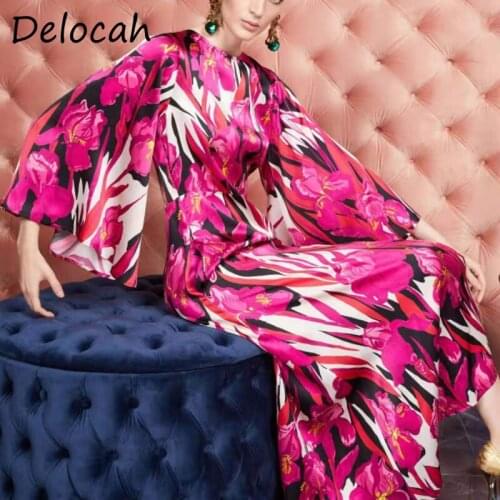 Deloca New 2021 Autumn Women Fashion Runway Party Long Dress Flare Sleeve Bow Sashes Floral Print Vintage A-Line Dress Vestidos