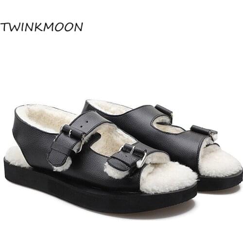 Designed Women Winter Fur Sandals Shoes Casual Flats Warm Winter Shoes Women 2020 New Fashion