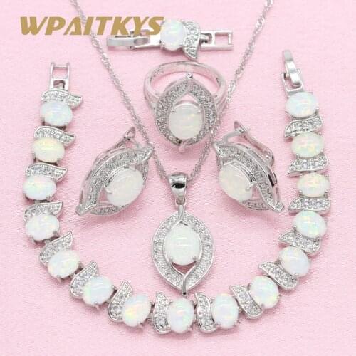 Exquisite White Opal Silver Color Jewelry Sets Womens Wedding Necklace Earrings Ring Bracelet Free Box WPAITKYS