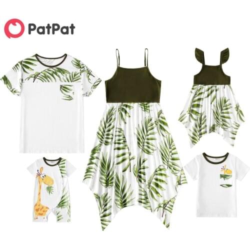PatPat 2021 New Arrival Summer Mosaic Family Matching Sets(Leaf Splice Tank Dresses - Tops - Giraffe Print Rompers )