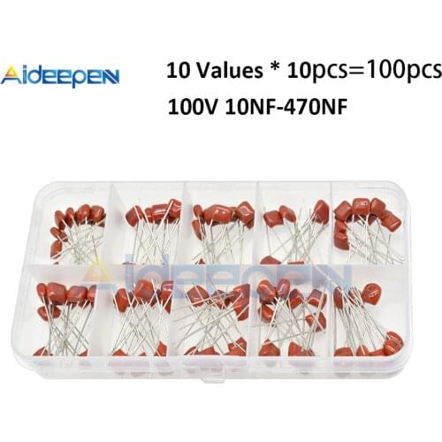 10 Values 100Pcs CBB Capacitor Set Metallized Polyester Film Capacitors Assortment Kit 10nF~470nF 22NF 47NF 100NF 0.47uf 0.1uf