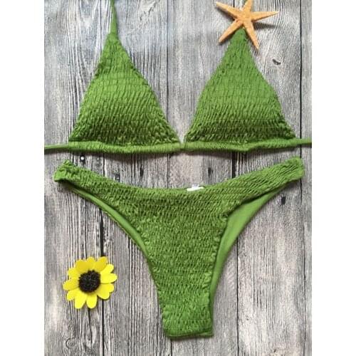 Push Up Swimsuit Women 2020 Solid Neon Yellow Micro Bikini Halter Pleat Bathing Suit Two Pieace Swimsuit Maillot De Bain Femme