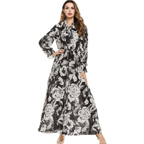 Fashion Women Long Sleeve Maxi Dress Floral Print Boho Kaftan Muslim Abaya Dubai Jilbab Islamic Clothing Chiffon Party Dresses