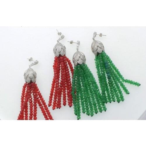 One pair green/red jasper roundel faceted hook tassel drop earrings 80mm wholesale beads nature FPPJ