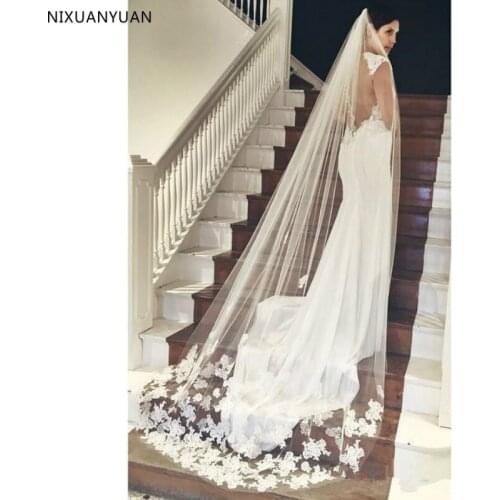 Wholesale Best Selling Cheapest In Stock Long Bridal Veil Appliques 2021 Veu De Noiva Longo Wedding Veil Lace Purfle