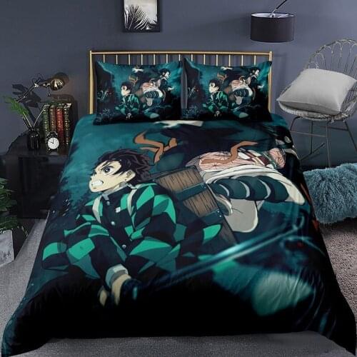 Demon Slayer Kimetsu No Yaiba Sticker Bed Linen Cartoon Anime Duvet Covers Pillowcases Kids Anime Comforter Bedding Sets Bed Set