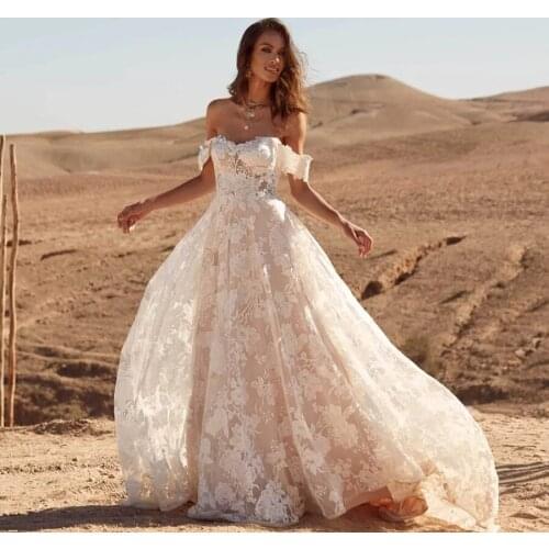 Off the Shoulder High Quality Champagne Lining with Ivory Lace Wedding Dress Destination Country Style Bridal Gowns