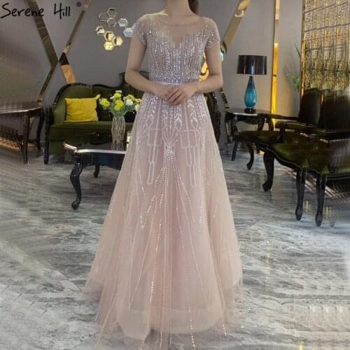 Serene Hill Pink A-Line Luxury Beading Sparkle Evening Dress 2020 Dubai O-Neck Cap Sleeves Formal Party Wear Gown CLA70580