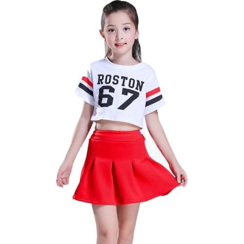 Girl Street Dance For Girls Cheerleader Costumes for Girls Hip Hop Dancing Modern Dance Hip Hop Costumes White T-shirt Red Skirt