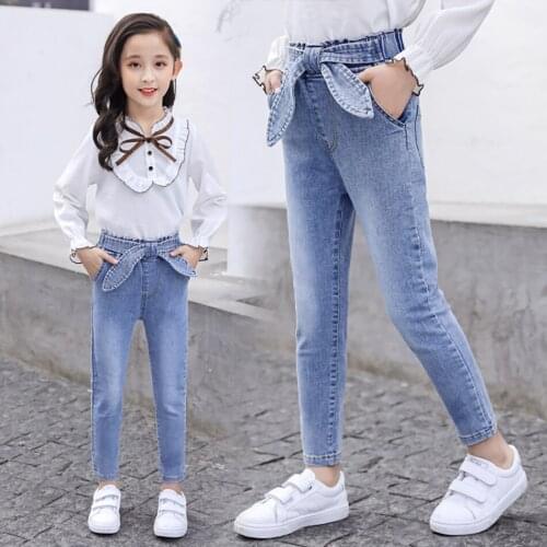 VOGUEON 2021 Spring Kids Jeans Girl Solid Jeans For Girls Fashion Bow Girls Jeans Pants Autumn Casual Girls Clothes 3-9 Years