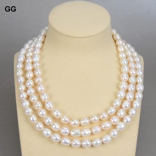 GuaiGuai Jewelry 18'' 3 Strands Natural White Rice Pearl Necklace For Women