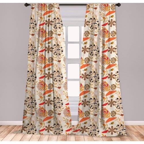 Autumn Fall Window Curtains Little Birds Flourishing Nature Elements Umbrellas with Abstract Window Drapes with Rod Pocket