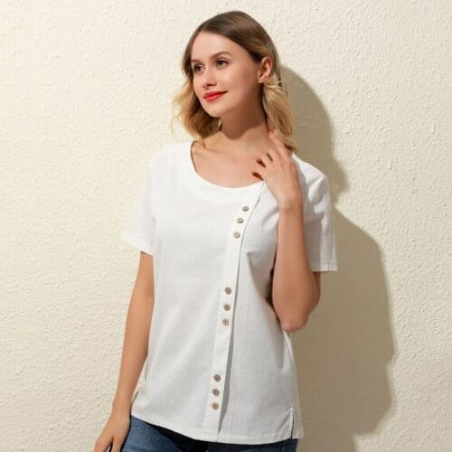 Plus Size Ladies Casual Loose T-shirt Women Slim Solid Color Tee Shirt Feminine Fashion Button Deocr Tshirt For Female