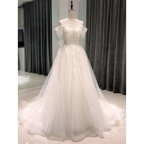 SL-8083 wedding dress 2020 boho tulle simple sukienki koktajlowe beaded sequin lace long blanche beach sexy off shoulder women