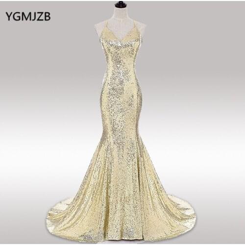 Sparkly Champagne Sequins Evening Dresses 2019 Mermaid V Neck Sweep Train Backless Women Formal Prom Party Gown Robe De Soiree
