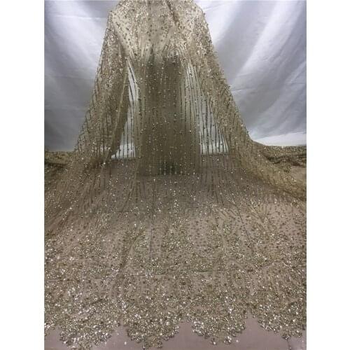 Gold Fashion Design Shining Glued Glitter African Tulle Mesh Fabric with Beads for Wedding or Evening Dress JRB-102117