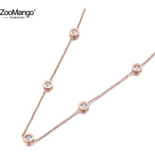 ZooMango Trendy Titanium Steel 5Pcs Roman Numeral CZ Crystal Charm Pendant Jewelry Rose Gold Wedding Necklaces For Women ZN19101