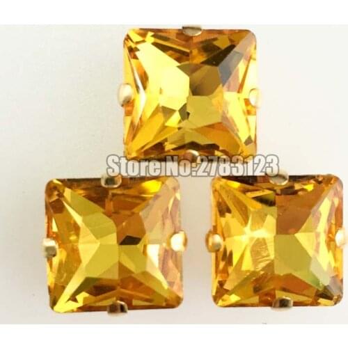 12mm 14mm 20pcs golden yellow Gold bottom Square shape flatback Glass Crystal sew on claw rhinestones,diy lothing accessories