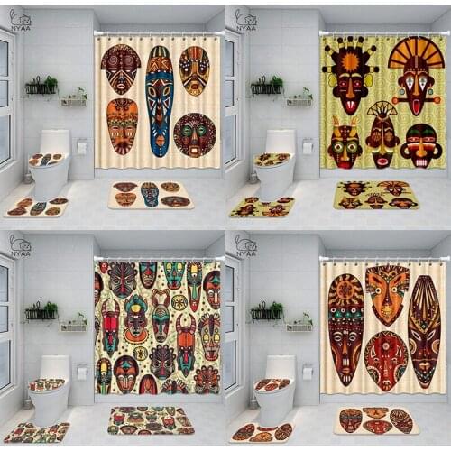 4pcs Brown African Mask Bathroom Shower Curtain Waterproof Ancient Bath Curtain Set Toilet Cover Mat Non-Slip Bathroom Rug Set