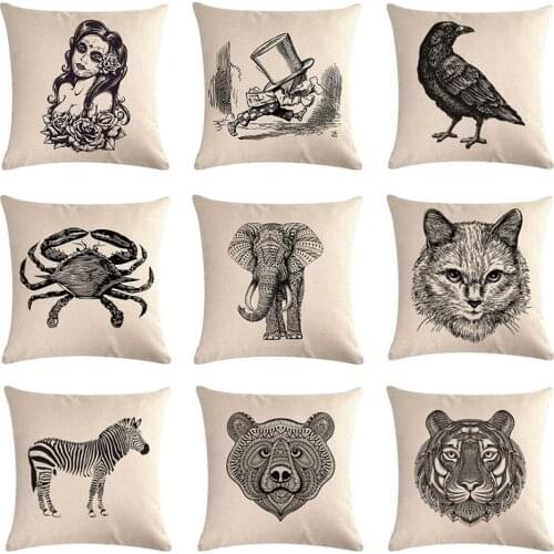 45x45cm Cushion Cover Cotton Linen Elephant Rabbit Bear Cat Pattern Decorative Black and white Art Pillowcase Chair Throw Pillow