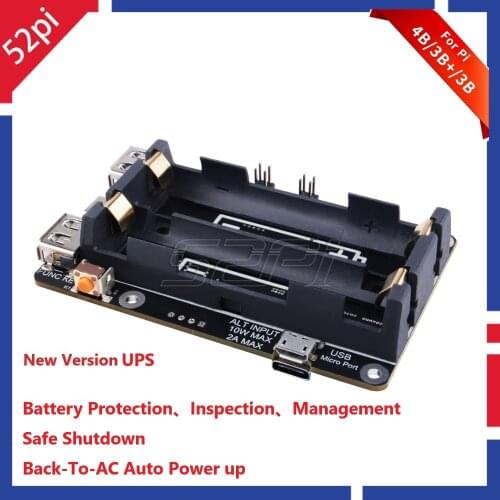 52Pi UPS Plus Remote OTA Firmware Upgrade Programmable BACK-TO-AC Auto Power Up Standalone RTC for Raspberry Pi 4B/3B