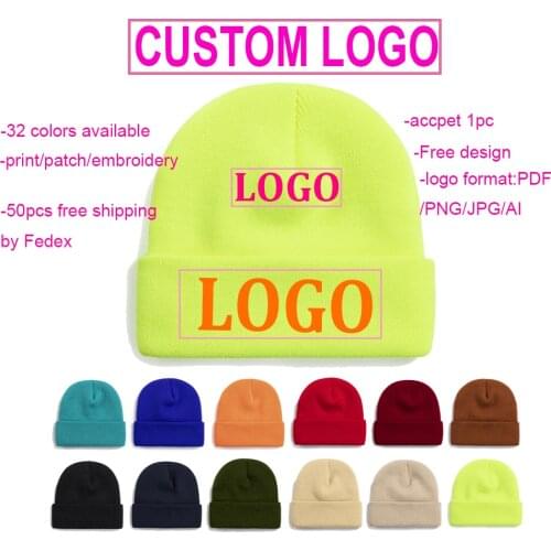 Acrylic Winter Women Solid Custom Logo Knitting Beanies Skullcap Men Casual DIY Print Pacth Embroidery Logo Knit Hat Caps Gorros
