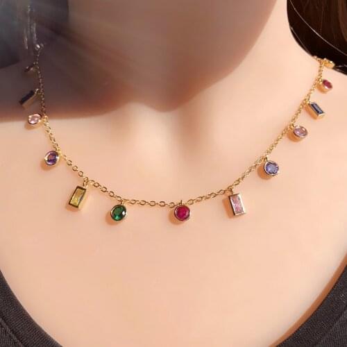 EYIKA Delicate Lovely Rainbow Color Zircon Square Round Small Pendant Necklace Women Girl Dainty Chain Valentine Gift Choker