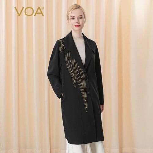 VOA 60m/m heavy silk flowing yarn black boyfriends wind collar asymmetric single row twist button long sleeve windbreaker FE39