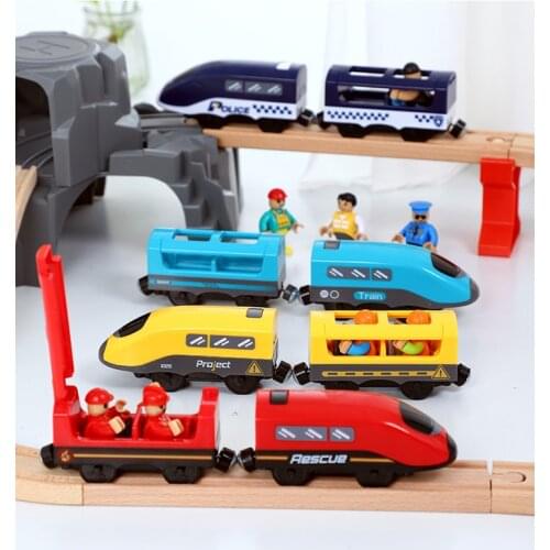 Voice broadcast sound electric train with carriage and villain compatible brand wooden track toy car small train toy