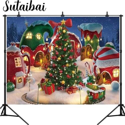 Christmas Village Photography Backdrop Winter Snow Pine Tree Background Xmas Fairy Tale Animated Kid Party Photo Booth Banner