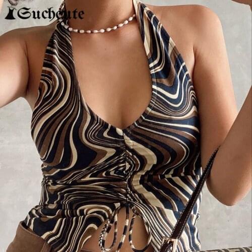SUCHCUTE Paisley Print Y2K Brown Halter Camisole Women V-neck Drawstring Skinny Corset Tops Aesthetic Korean Summer Harajuku