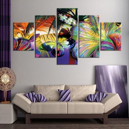 HD Prints 5 Panels Pictures Canvas Prints Flowers and butterflies Painting Wall Art For Living Room Home Decoration
