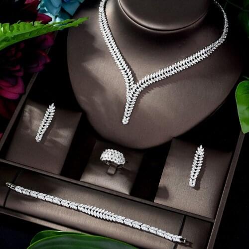 HIBRIDE Luxury Elegant Leaf Shape Design White Color Bridal Dubai Jewelry Sets For Women Wedding Accessories Party Gifts N-1185
