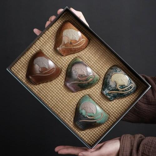 Stoneware Five Elements Cup Ceramic Gong Fu Teaset Kiln Embossed Lotus Pond Tea Cups Hand Made Gift For Master