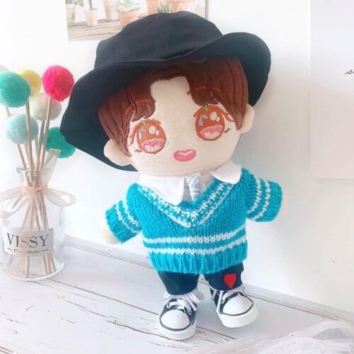 20CM Star EXO Doll Baby Clothing Blue sweater Fisherman hat shoes pants Plush Doll Clothes Accessories toys Gift