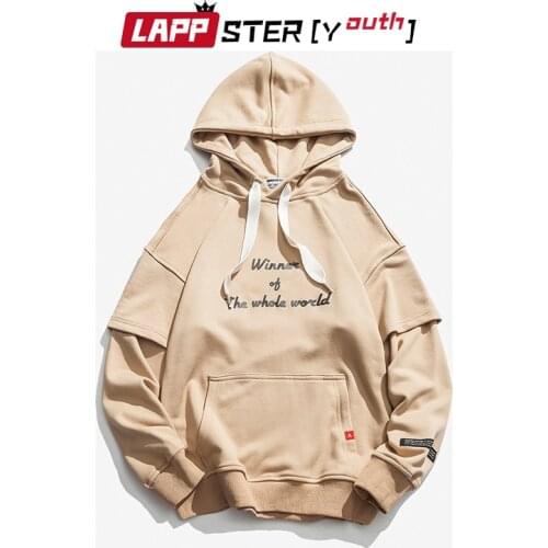 LAPPSTER-Youth Men Harajuku Fake Two Pieces Sweatshirts 2021 Mens Japan Fashions Hooded Hoodies Khaki Oversized Casual Clothing