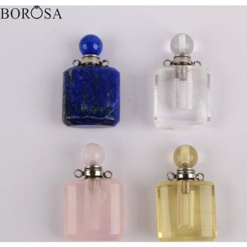 BOROSA Silver Color Natural Stones Perfume Bottle Connectors Healing Crystal Essential oil Bottle Pendants For Necklace WX1189