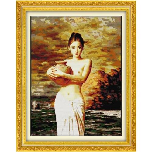 Girl Holding Ceramic Cross Stitch Kit Naked Girl Body Art Pattern 14ct 11ct Embroidery Needlework Set Home Decoration Painting