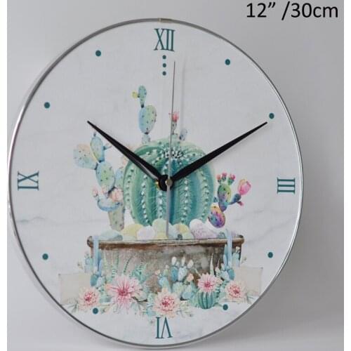 Silver Framed Green Cactus MDF Wall Clock 12 Inches Round Mordern Home Decorative Marble Accents Succelents Plant Printed Clock