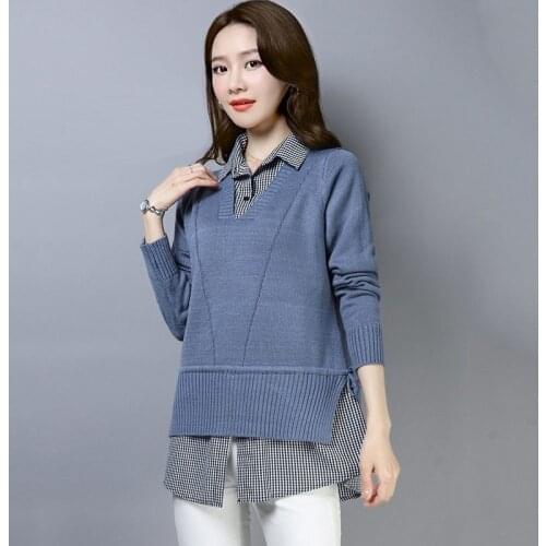 Autumn Spring Style Women Knitted Split Pullover Tops Lady Casual Long Sleeve Turn-down Collar Pullover Sweater ZZ1134