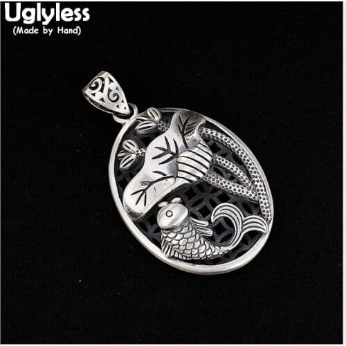 Uglyless 100% Real 990 Pure Silver Handmade Fish Pendants Necklace NO Chains Retro Ethnic Lotus Leaf Pendant Thai Silver Jewelry