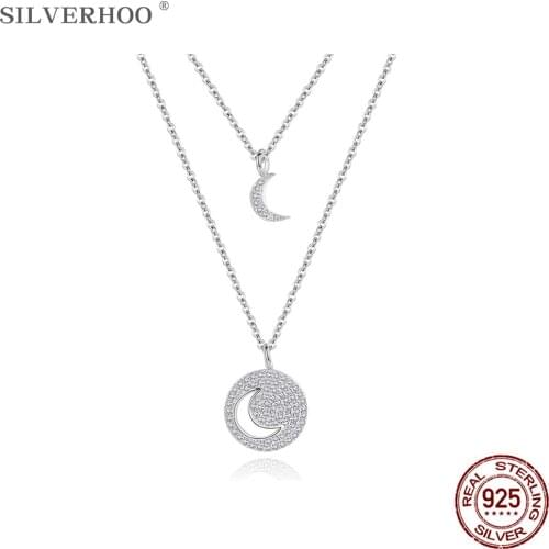 SILVERHOO Sterling Silver 925 Jewelry Shiny Round Hollow Moon Necklace For Women Trendy Zircon Double Chain Pendant Necklaces