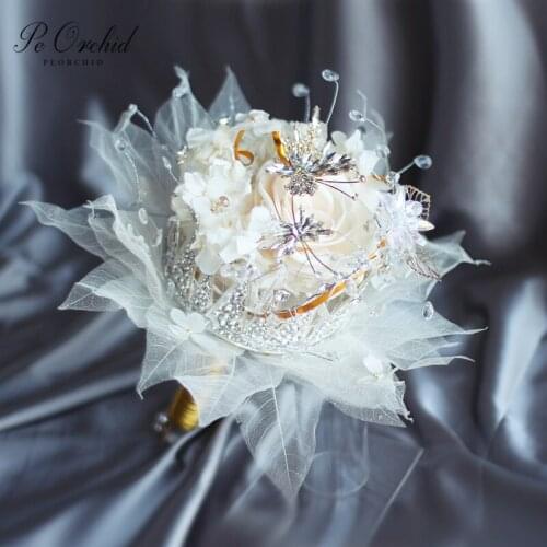 PEORCHID Luxury Butterfly Crystal Bridal Bouquet Artificial Rose Ramo flores Novia Crown Brooch Bouquet Wedding flowers