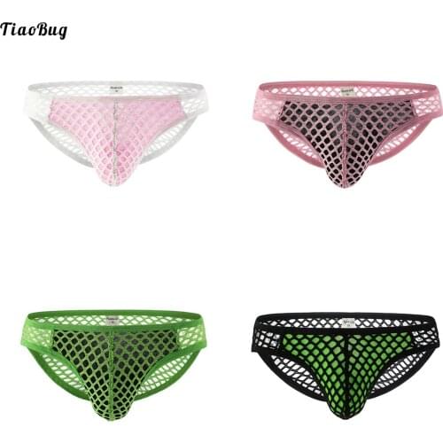TiaoBug Men Low Waist See-Through Hollow Out Fishnet Swimming Briefs Contrast Color Bulge Pouch Underpants Bikini Underwear