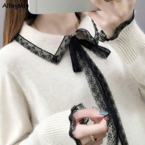 Pullovers Women Autumn Lace Bows Knitted Mature Tender Simple Elegant Patchwork Loose Korean Style Chic All-match Cozy Daily New
