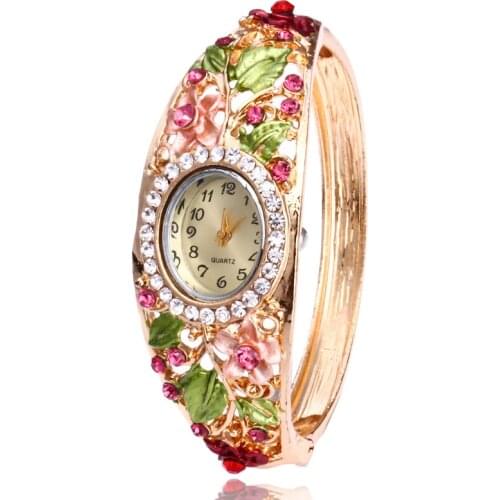Luxury Ladies Quartz Watches Women Dress Watch Vintage Flower Pattern Wristwatch