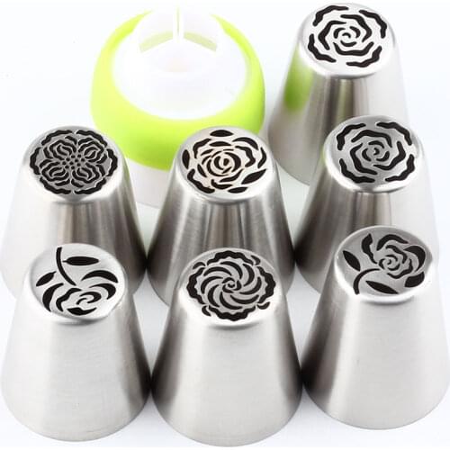 Rose Russian Pastry 8Pcs/Set Icing Cream Cake Ping Nozzles Stainless Steel Tips Kitchen Accessories Dessert Decorating Tools